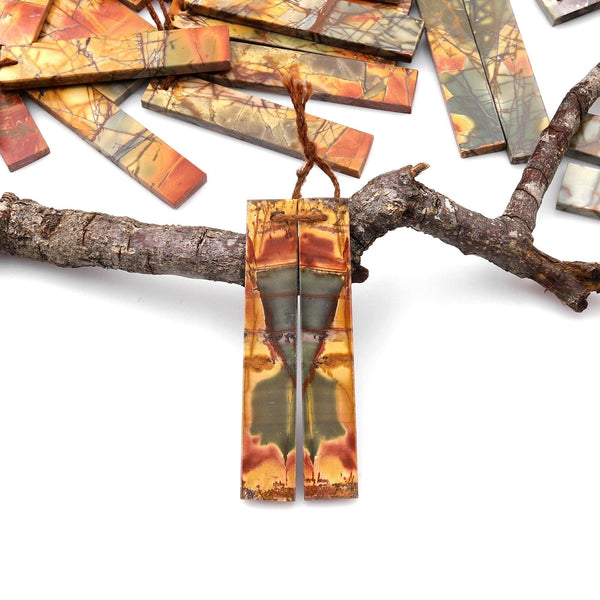 Long Linear Natural Red Creek Jasper Earring Pair Modern Flat Rectangle Cab Drilled Matched Gemstone Beads AKA Multicolor Picasso Jasper A7