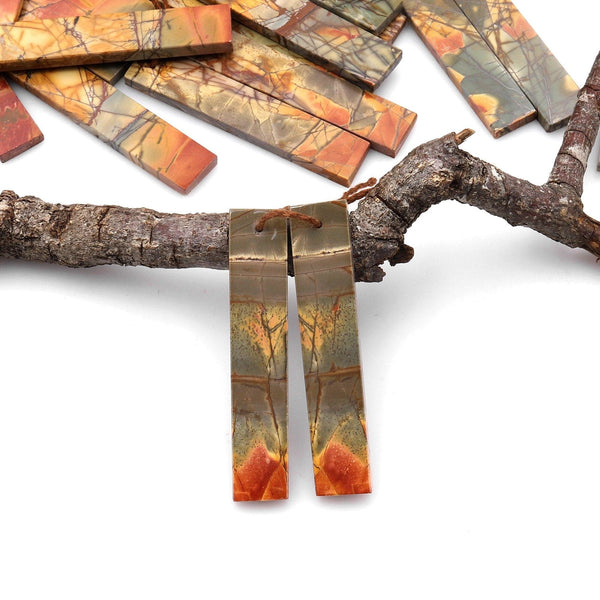 Long Linear Natural Red Creek Jasper Earring Pair Modern Flat Rectangle Cab Drilled Matched Gemstone Beads AKA Multicolor Picasso Jasper A11