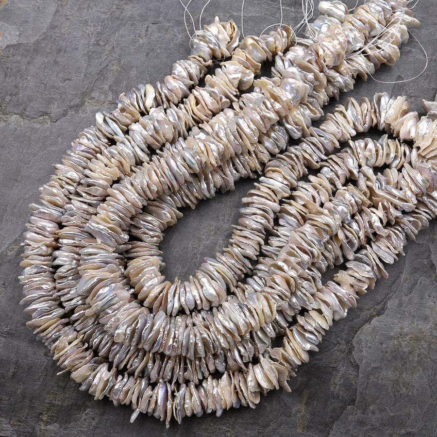 Large Natural Freshwater Keishi Cornflake Pearl Center Drilled Creamy White Silver 15.5" Strand