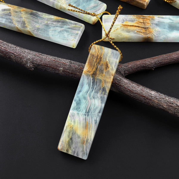Natural Argentina Lemurian Aquatine Blue Calcite Pendant Golden Brown Matrix Long Rectangle Side Drilled Gemstone A2
