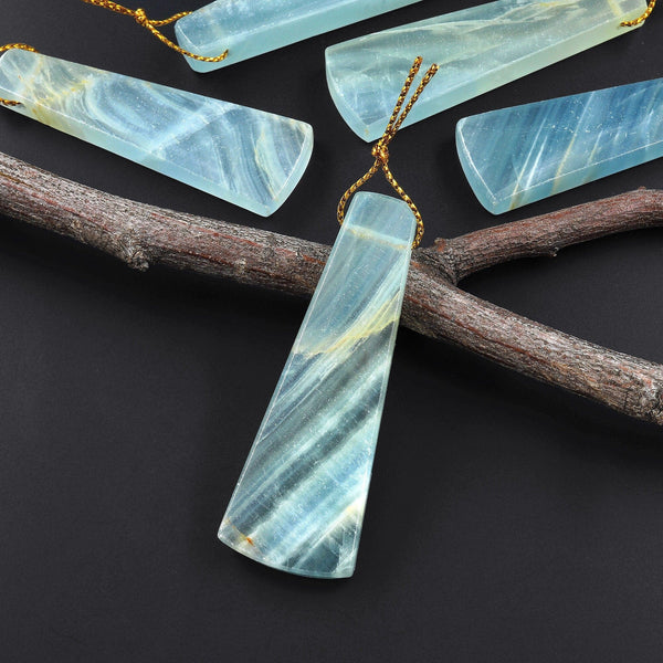 Natural Argentina Lemurian Aquatine Blue Calcite Pendant Long Trapezoid Side Drilled Gemstone A2
