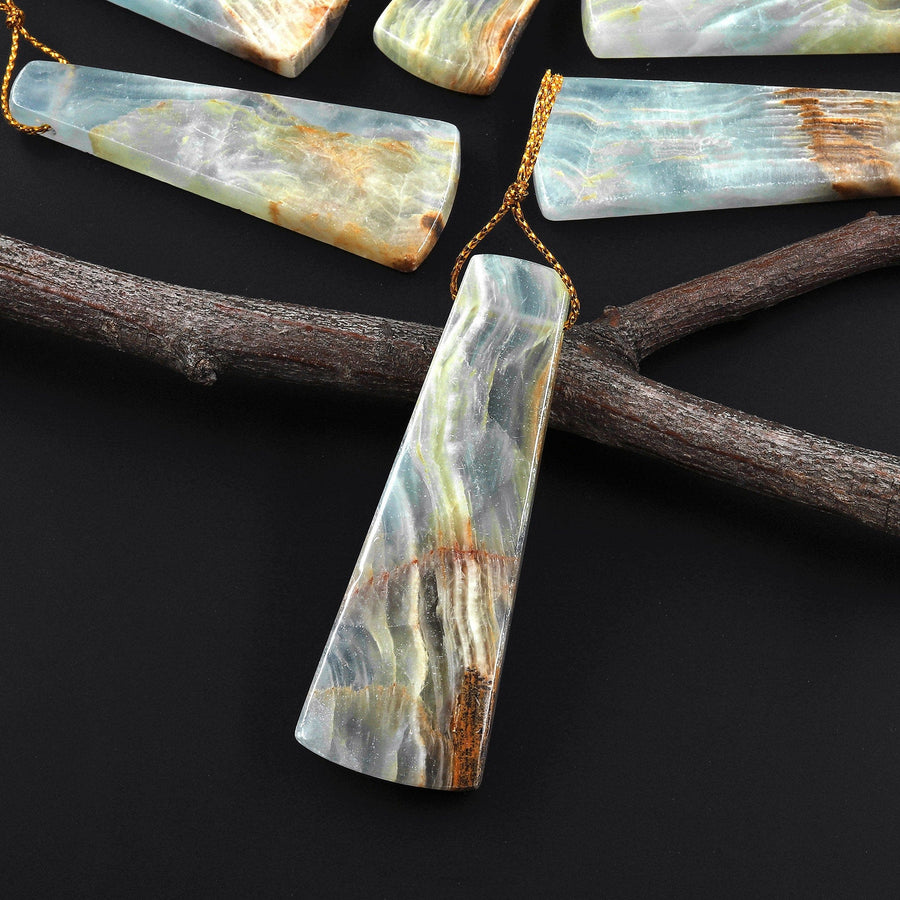 Natural Argentina Lemurian Aquatine Blue Calcite Pendant Trapezoid Side Drilled Gemstone A1