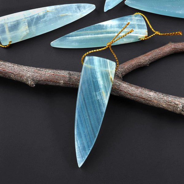 Natural Argentina Lemurian Aquatine Blue Calcite Pendant Golden Brown Matrix Dagger Triangle Side Drilled Gemstone A34
