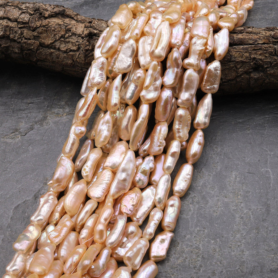 Iridescent Natural Peach Biwa Stick Pearl Freshwater 15.5" Strand