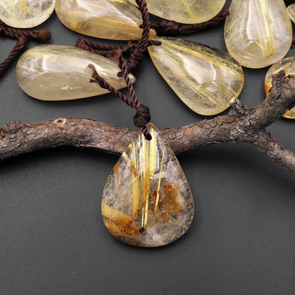 Natural Golden Rutilated Rutile Quartz Teardrop Pendant A2