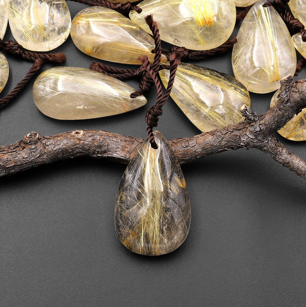 Natural Golden Rutilated Rutile Quartz Teardrop Pendant A3
