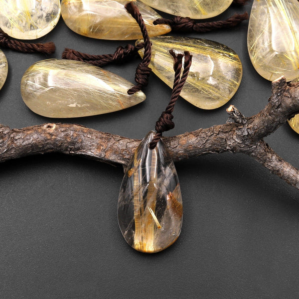 Natural Golden Rutilated Rutile Quartz Teardrop Pendant A7