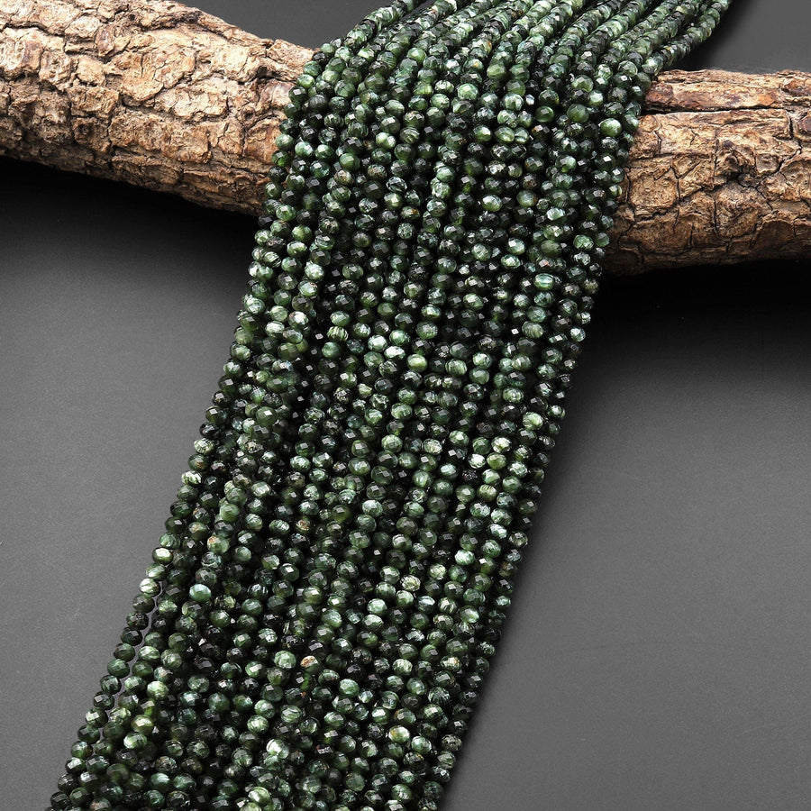 AAA Genuine Natural Seraphinite Micro Faceted 4mm Rondelle Beads Green Gemstone From Russia 15.5" Strand