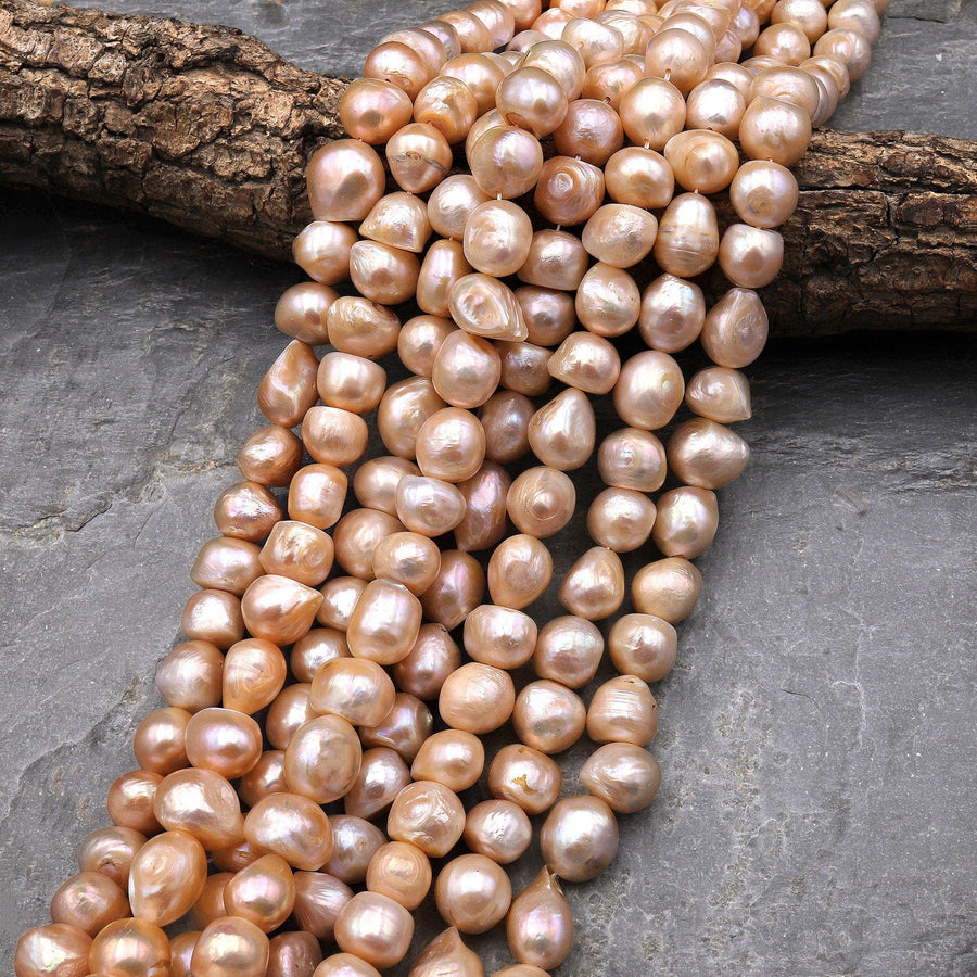 Large Genuine Freshwater Baroque Pearl Shimmery Iridescent Peach 15.5" Strand