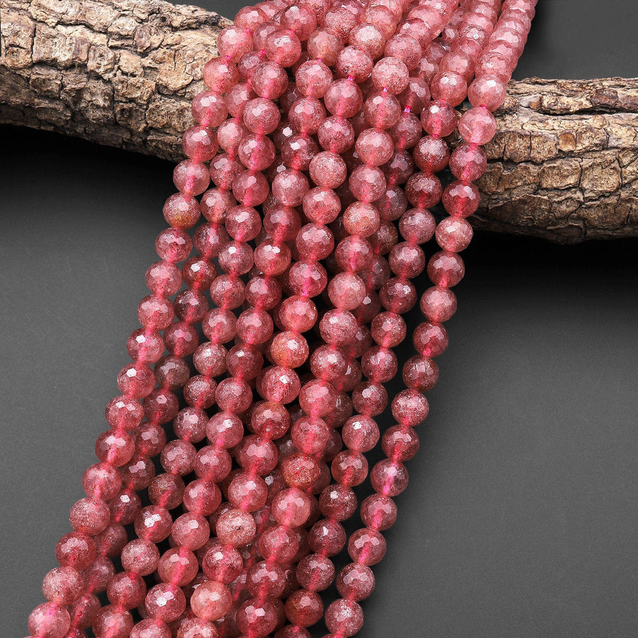 Faceted Natural Red Strawberry Quartz 8mm Round Beads 15.5" Strand