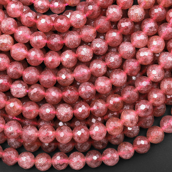 Faceted Natural Red Strawberry Quartz 8mm Round Beads 15.5" Strand