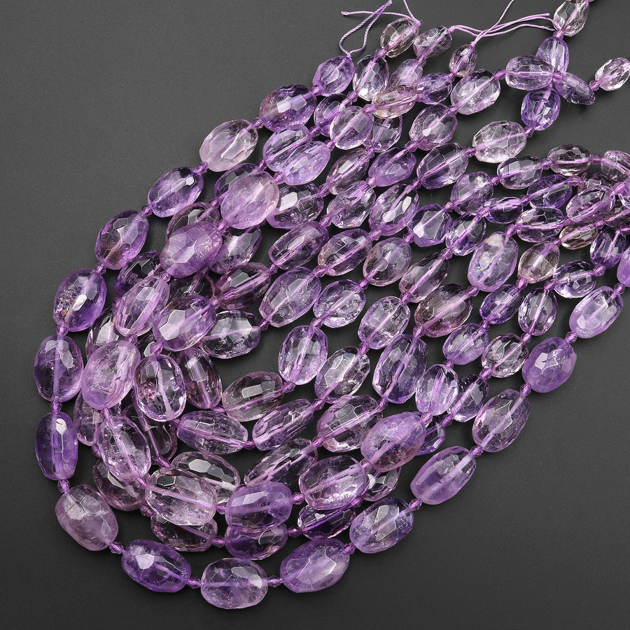 AAA Handcut Natural Amethyst Faceted Oval Nugget Beads 15.5" Strand