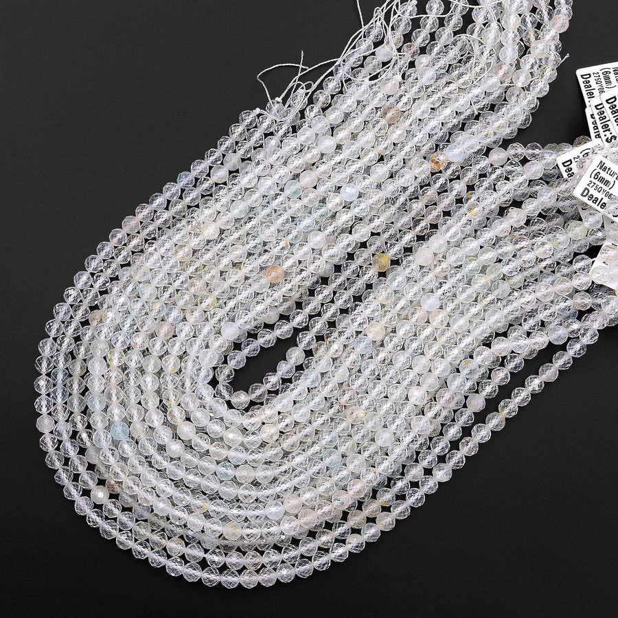 Micro Faceted Natural White Topaz 6mm Round Beads Laser Diamond Cut Gemstone 15.5" Strand
