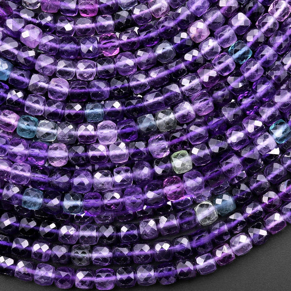AAA Natural Fluorite Faceted 4mm Cube Beads Vibrant Purple Gemstone 15.5" Strand