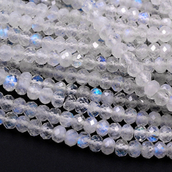 AAA Natural Blue Rainbow Moonstone 3mm 4mm Faceted Rondelle Beads