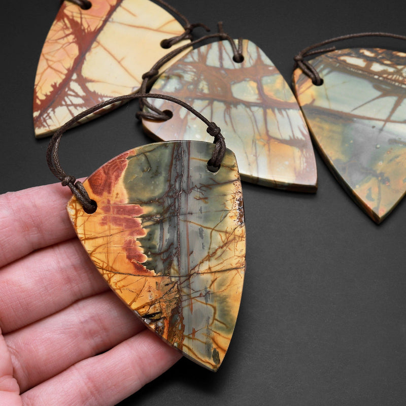 Large 2 Hole Pendant Natural Red Creek Jasper Drilled Curved Triangle Shield Shape Flat Slice Focal Bead MultiColor Picasso Jasper