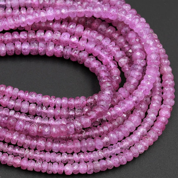 Micro Faceted Natural Pink Sapphire Small Tiny Faceted Rondelle 3mm 5mm Diamond Cut Sparkling Real Genuine Pink Gemstone Beads 15.5" Strand
