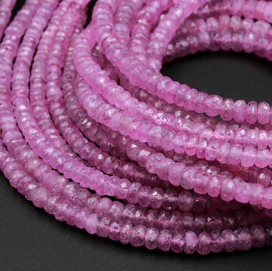 Micro Faceted Natural Pink Sapphire Small Tiny Faceted Rondelle 3mm 5mm Diamond Cut Sparkling Real Genuine Pink Gemstone Beads 15.5" Strand