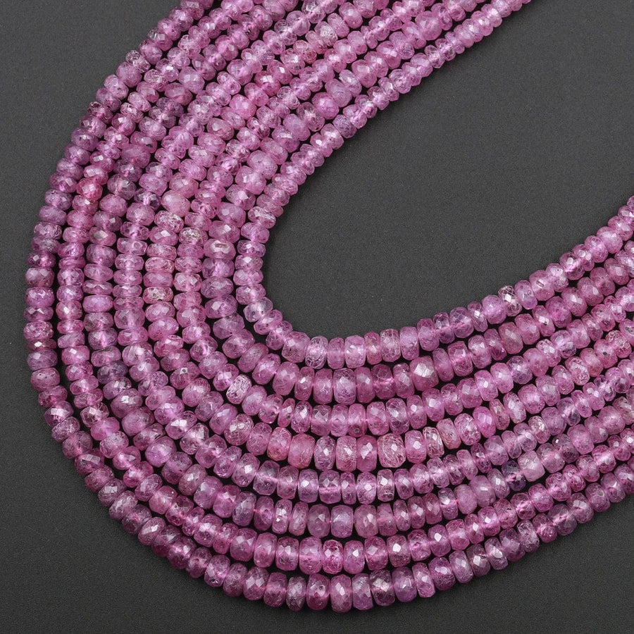 Micro Faceted Natural Pink Sapphire Small Tiny Faceted Rondelle 3mm 5mm Diamond Cut Sparkling Real Genuine Pink Gemstone Beads 15.5" Strand