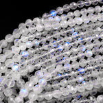 AA Faceted Natural Blue Rainbow Moonstone 6mm 8mm 10mm Blue Flash Round Beads Diamond Cut Large Facets 16" Strand