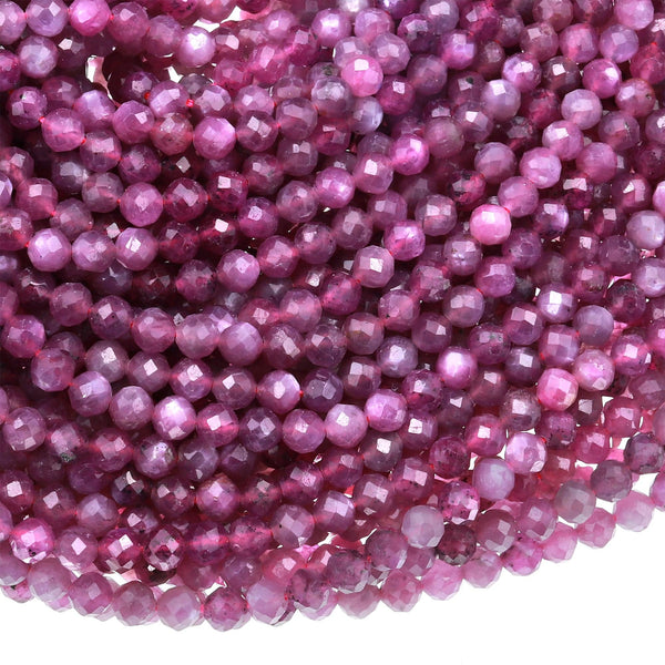Genuine Natural Star Ruby Faceted 3mm 4mm Round Beads Real Gemstone Micro Diamond Cut 15.5" Strand