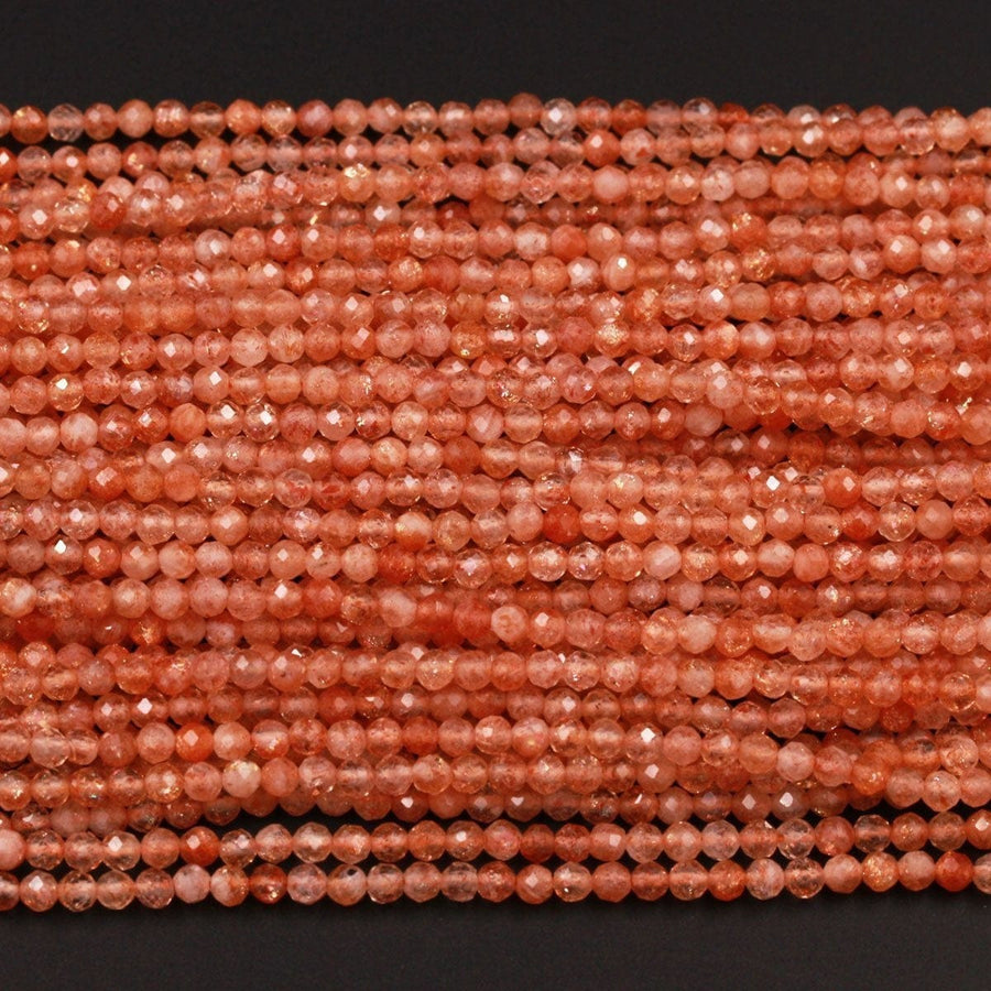 Faceted AAA Fiery Natural Sunstone Round Beads 2mm 3mm 4mm 5mm Micro Faceted Small Diamond Cut Orange Gold Gemstone 15.5" Strand