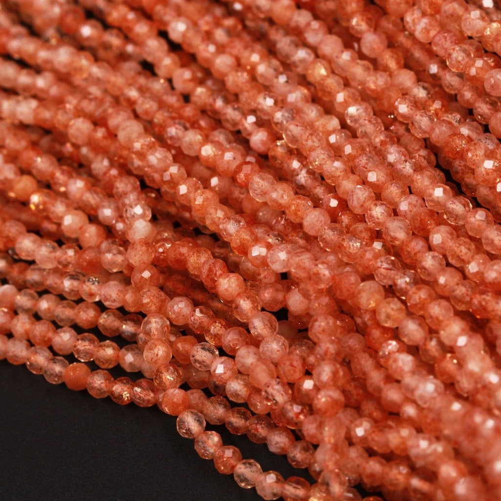 Faceted AAA Fiery Natural Sunstone Round Beads 2mm 3mm 4mm 5mm Micro Faceted Small Diamond Cut Orange Gold Gemstone 15.5" Strand